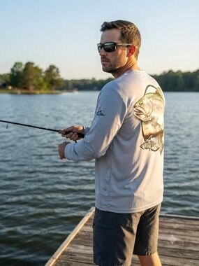 Men's Light Gray Long Sleeve Fishing Tee with Trout Back Graphic
